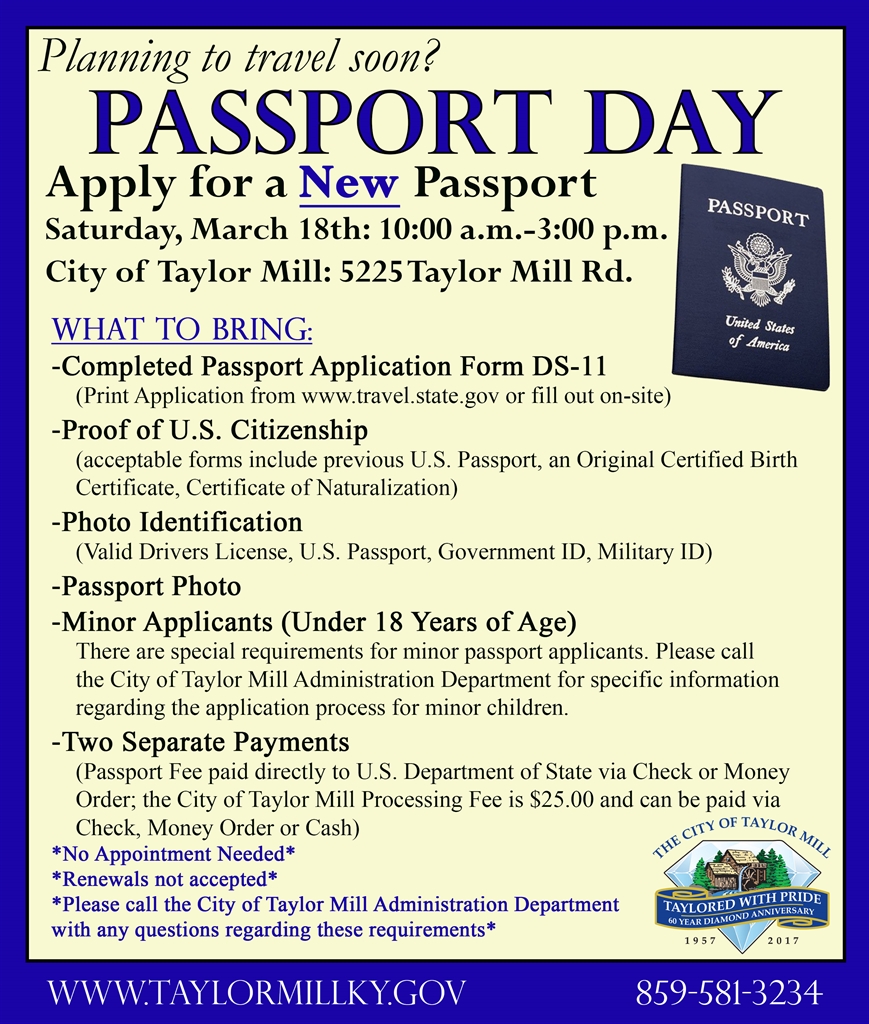 Passport Day Saturday, March 18th City of Taylor Mill