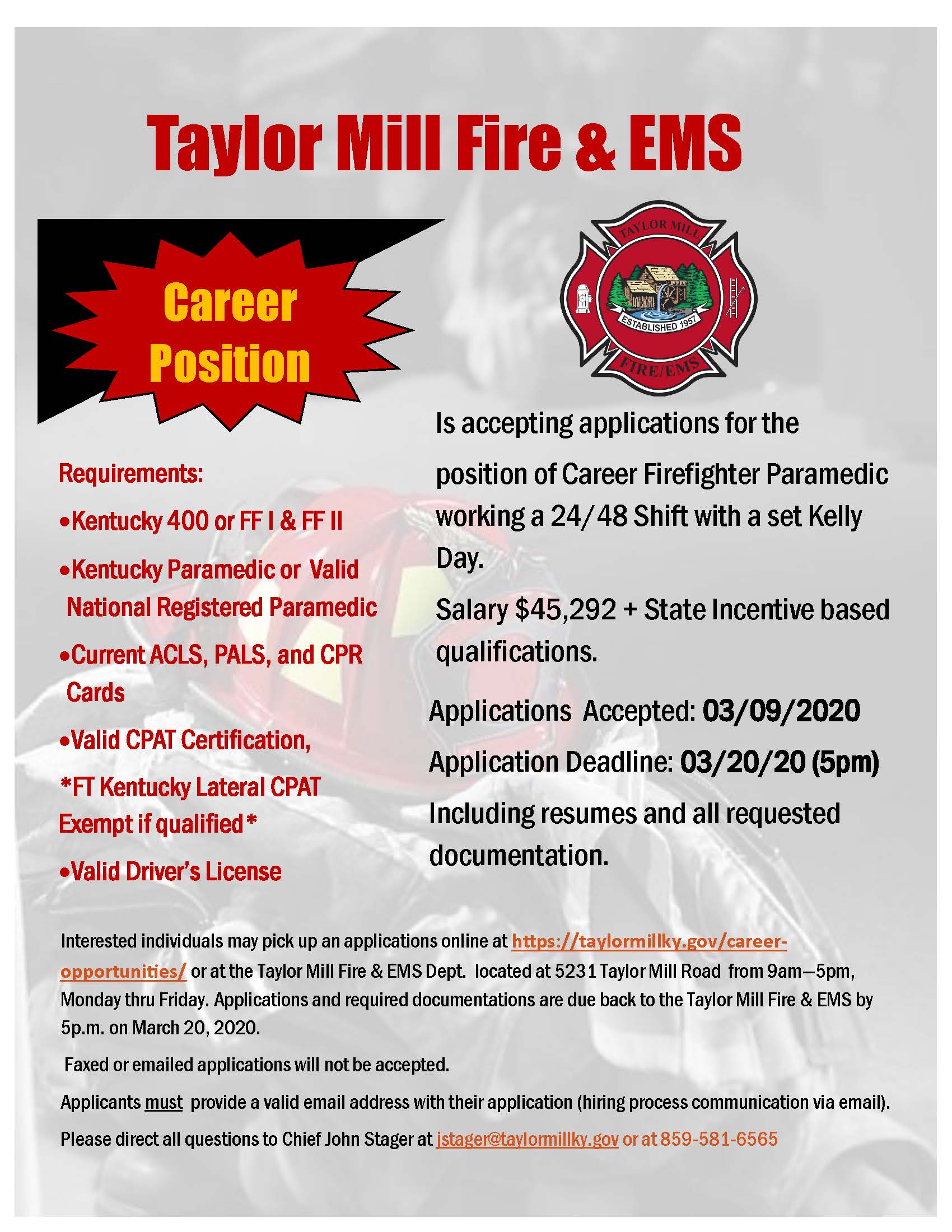 TMFD FT Hiring March 2020 Taylor Mill Fire Department Hiring Full Time Firefighter/Paramedic