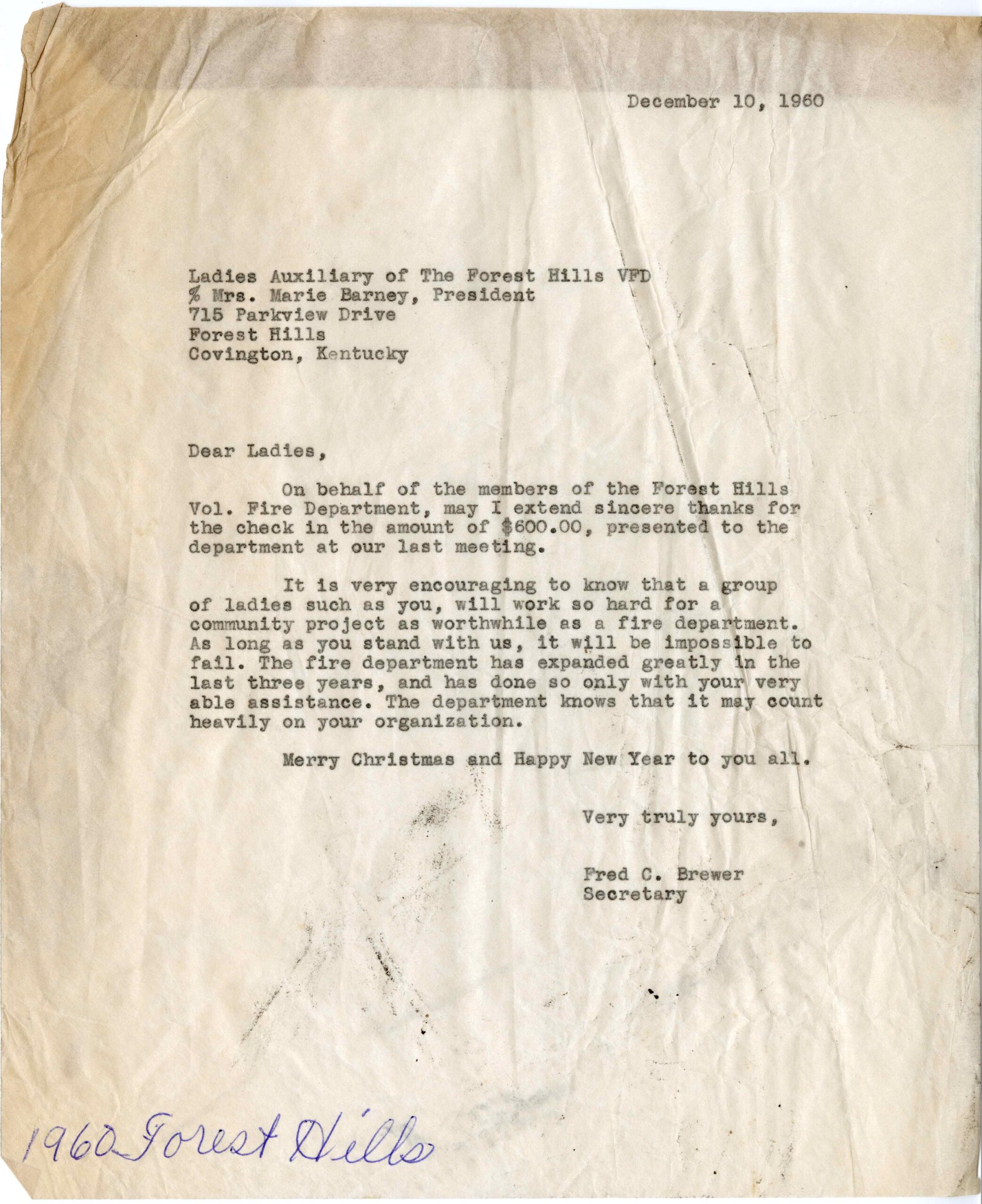 Thank You Letter to Ladies Aux 1960 Thank You Letter to Ladies Aux 1960